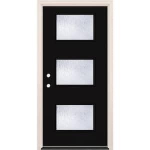 36 in. x 80 in. Right-Hand/Inswing 3-Lite Rain Glass Onyx Painted Fiberglass Prehung Front Door w/6-9/16 in. Frame