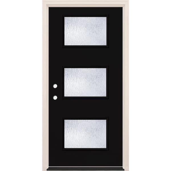 Builders Choice 36 in. x 80 in. Right-Hand/Inswing 3-Lite Rain Glass Onyx Painted Fiberglass Prehung Front Door w/6-9/16 in. Frame