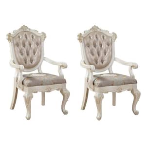 White and Gold Wooden Side Chair with Floral Patterned Padded Seat (Set of 2)