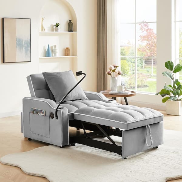 Magic Home 35.83 in. 3 in 1 Pull Out Sleeper Sofa Bed Convertible Folding Velevt Chaise Lounge with Pockets for Small Space Grey CS PP195418AAD The Home Depot