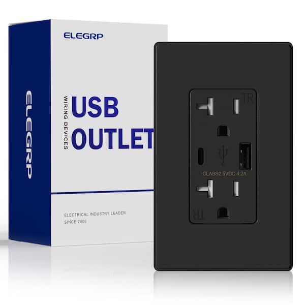 ELEGRP  Amp Type A & Type C USB Charger Wall Outlet, 20 Amp Duplex  Tamper Resistant Outlet, with Wall Plate, Black（1 Pack） ER16242AC-0201 -  The Home Depot