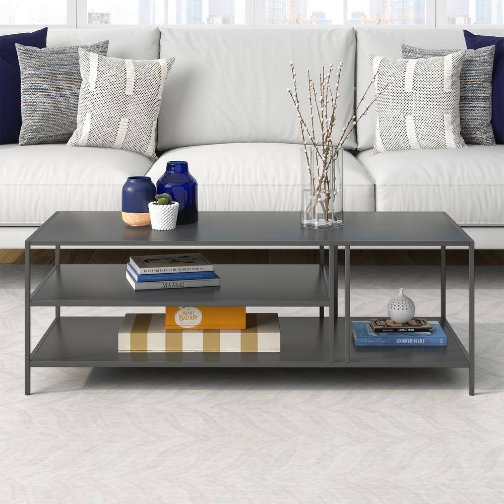 Gunmetal Gray Steel Rectangular Coffee Table with Shelves