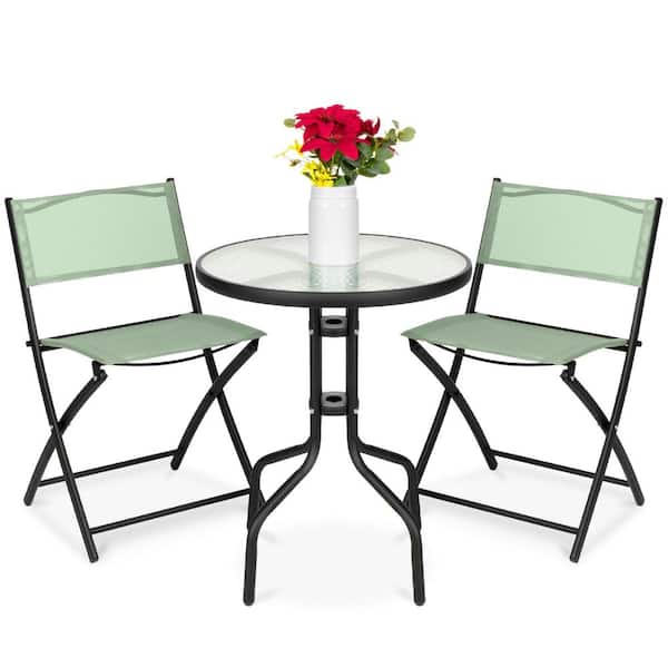 Unbranded Sage 3-Piece Metal Outdoor Bistro Set with Glass Table and 2 Foldable Chairs