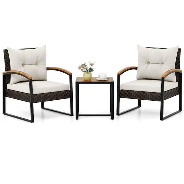 Costway Mix Brown 3-Piece Wicker Patio Conversation Set with Off White Cushions