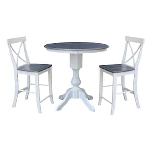 Set of 3-pcs - White/Heather Gray 36 in. Solid Wood Counter-height Ped Table and 2 Stools
