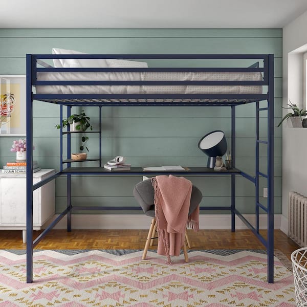 Novogratz Maxwell Metal Full Loft Bed with Desk Shelves Navy Black