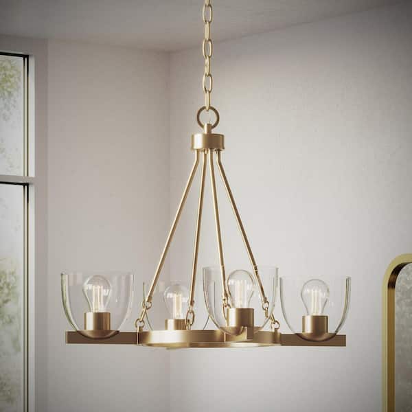Tamassee Collection 4-Light Brushed Gold Updated Traditional Chandelier with Clear Glass Shades for Dining Room
