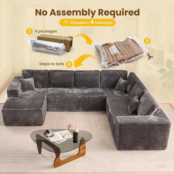 Allwex VJ 135 in. Wide Arm 4-Piece Modern Plush Corduroy U-Shape