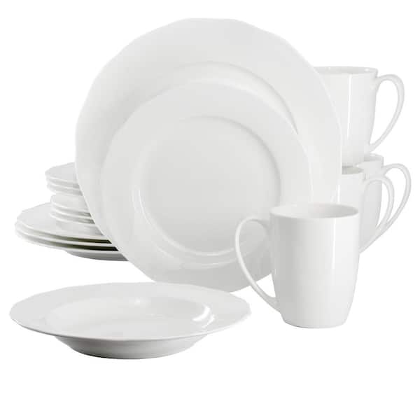 Eva 16-Piece Wavy Edge Bone China Dinnerware Set in White