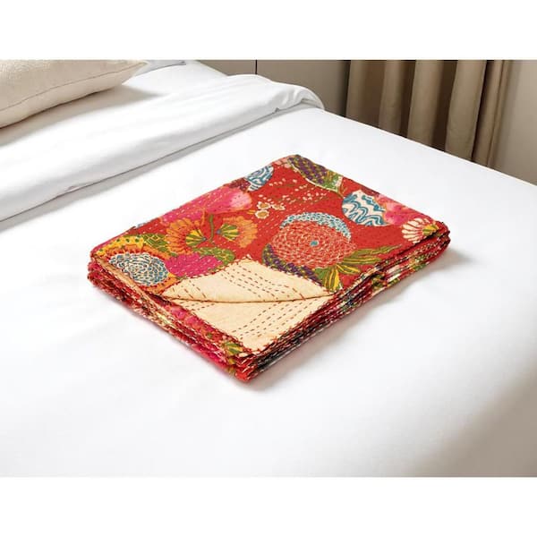 Blue, Green, Red Floral Cotton Throw Blanket