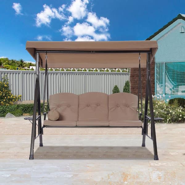 Tunearary Outdoor Adjustable 3-Person Metal Stand Swing Chair with Beige Cushion and Pillow