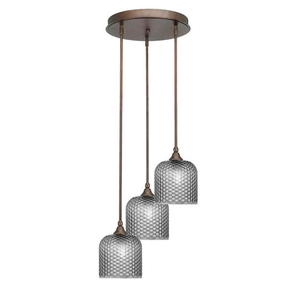 Unbranded Villa 60-Watt 15.75 in. 3 Light Bronze Stem Pendant Light with 7 in. Smoke Textured Glass Shade No bulbs included