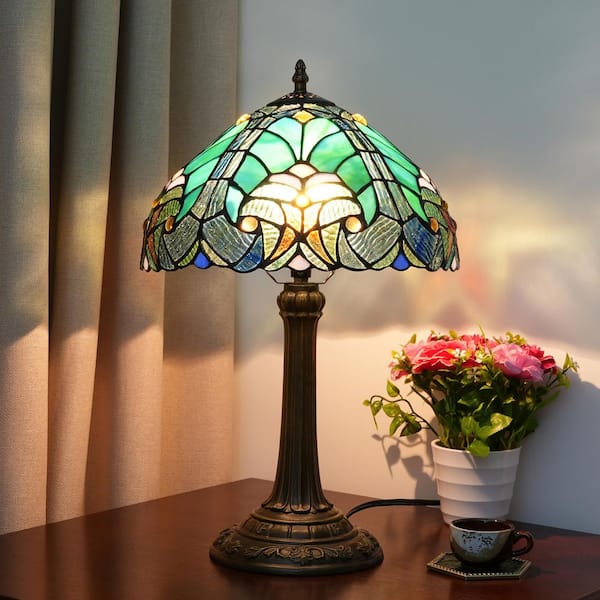 19 in. Multi-Colored Tiffany Style Bronze Finish Table Lamp with Blue Spot Stained Glass Lamp Shade