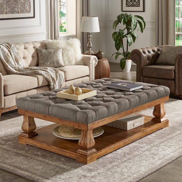 HomeSullivan 60 in. Gray Rectangle Upholstered Top Coffee Table with Shelf