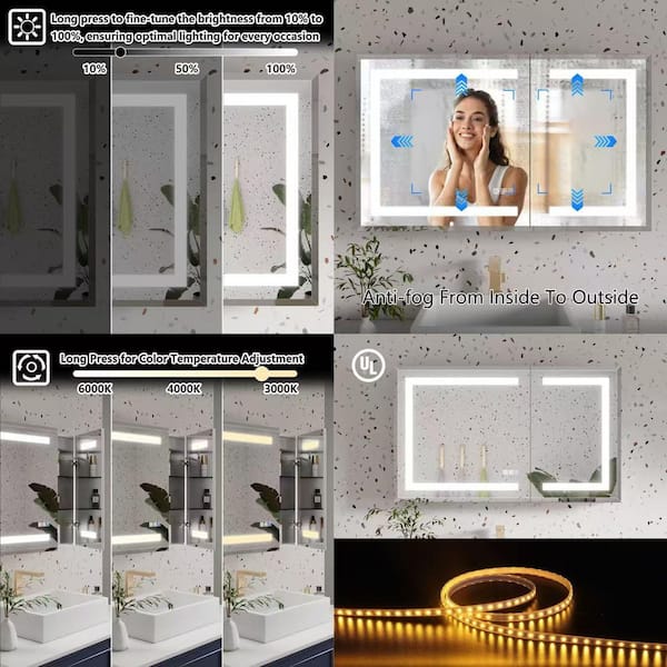 40 in. W x 24 in. H Rectangular Silver Aluminum Beveled Edge Dimmable Medicine Cabinet with Mirror Defogger