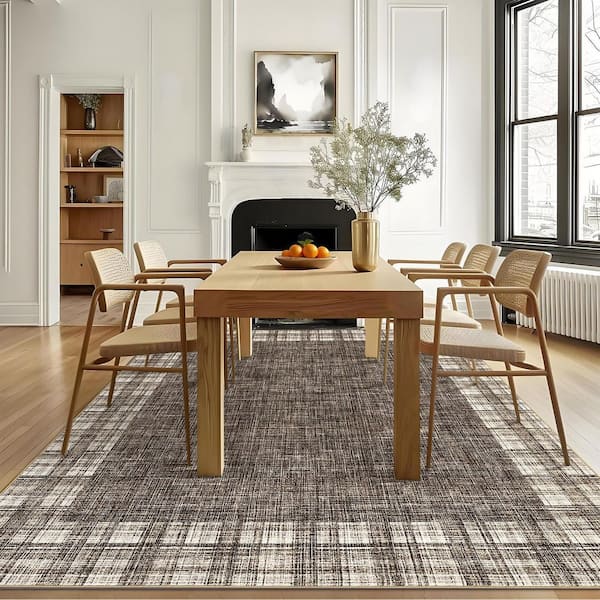 Brown 5 ft. x 7 ft. Non-Slip Border Print Rug Machine Washable Ultra Thin Soft for Bedroom Dining Room Office