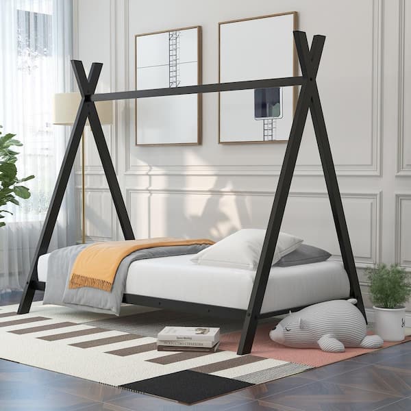 Black House Bed Tent Bed Frame Twin Size Metal Floor Play House Bed with Slat for Kids Girls Boys
