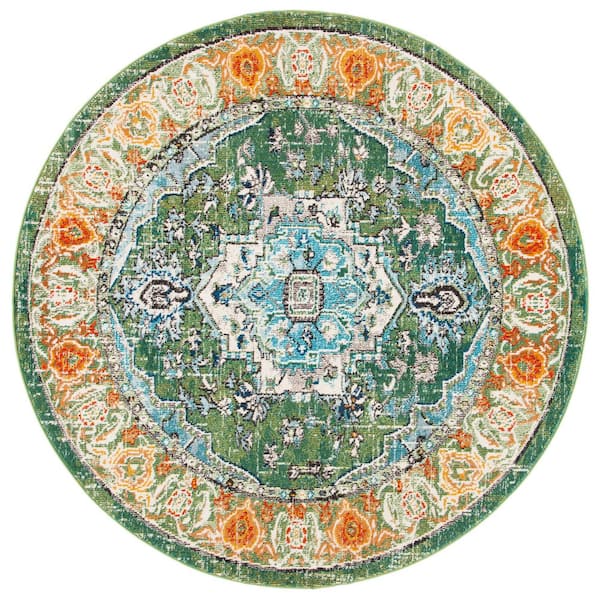 SAFAVIEH Monaco Green/Turquoise 7 ft. x 7 ft. Border Floral Round Area Rug