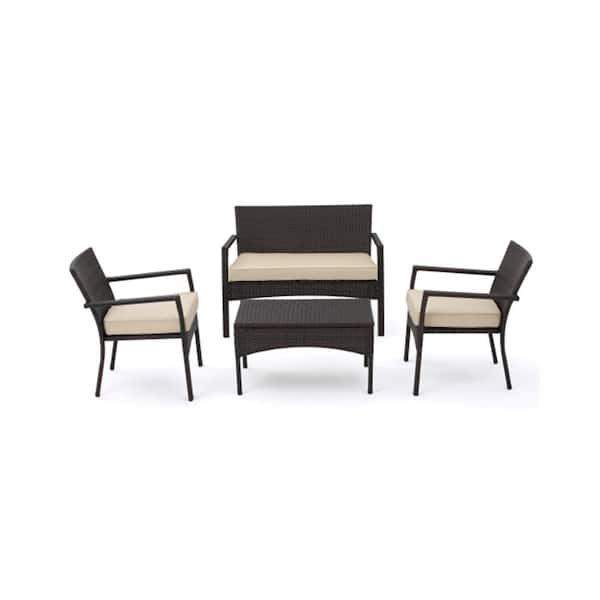 4 Pcs Outdoor Patio Brown PE Rattan Chat Set with Beige Cushions