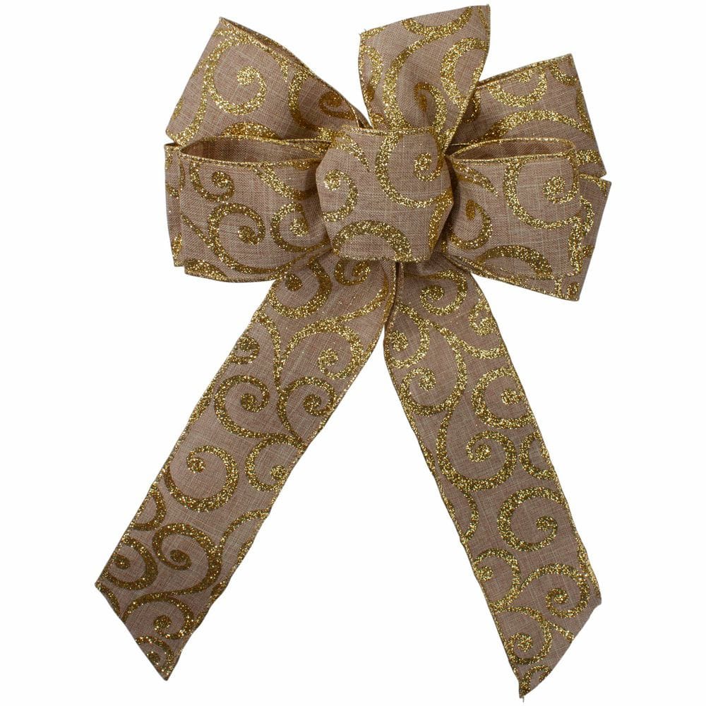 "Burlap Glitter Scroll 6-Loop Christmas Bow Decoration - 9"" x 14"" - Brown and Gold" price history on PriceWatchPro