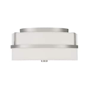 13 in. W x 6 in. H 2-Light Brushed Nickel Flush Mount Light with White Glass Drum Shade