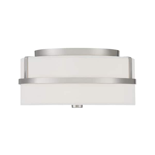 TUXEDO PARK LIGHTING 13 in. W x 6 in. H 2-Light Brushed Nickel Flush Mount Light with White Glass Drum Shade