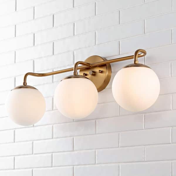 JONATHAN Y Louis Parisian Globe 25 in. 3-Light Brass Gold Metal Modern Contemporary LED Vanity Light with Frosted Glass