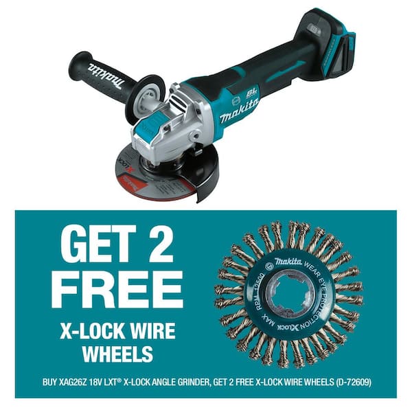 Makita 18V LXT Brushless Cordless 4-1/2 in./5 in. Paddle Switch X-LOCK Angle Grinder with bonus X-Lock Twist Wire Wheel(Qty 2)