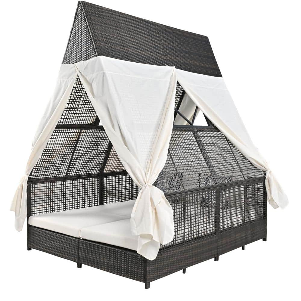 Wicker Patio Outdoor Daybed, All-weather Double Sun Lounger with Adjustable