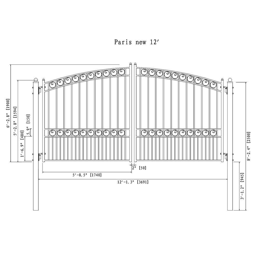 Paris Style Black Steel Dual Swing Driveway Gate with Automatic Opener