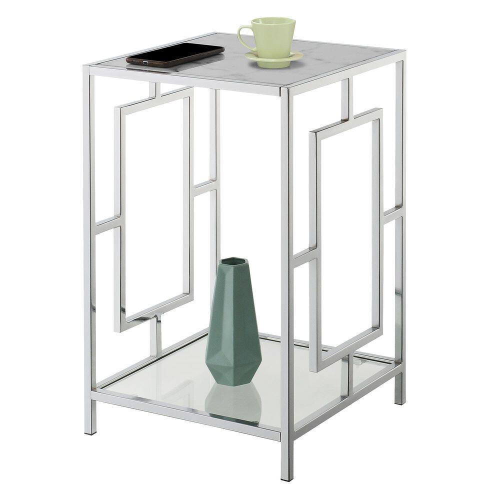 Town Square 16" White Marble and Chrome End Table