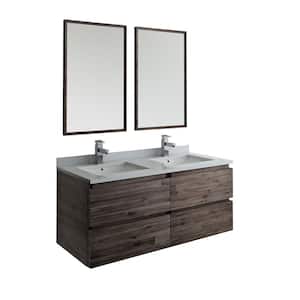 Formosa 48 in. Modern Double Wall Hung Vanity in Warm Gray with Quartz Stone Vanity Top in White w/ White Basins, Mirror