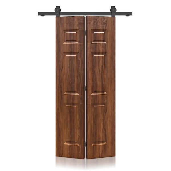 28 in. x 80 in. 6 Panel Hollow Core Walnut Composite Texture Bi-Fold Door with Sliding Barn Door Hardware Kit