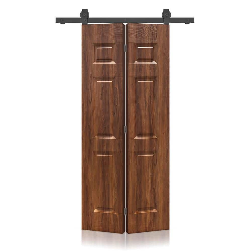 34 in. x 82 in. 6 Panel Hollow Core Walnut Composite Texture Bi-Fold Door with Sliding Barn Door Hardware Kit price history on PriceWatchPro