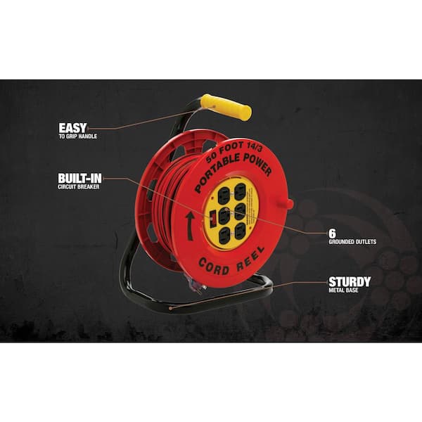 50 ft. 14/3 Red Cord Reel Power Station with 6 Outlets