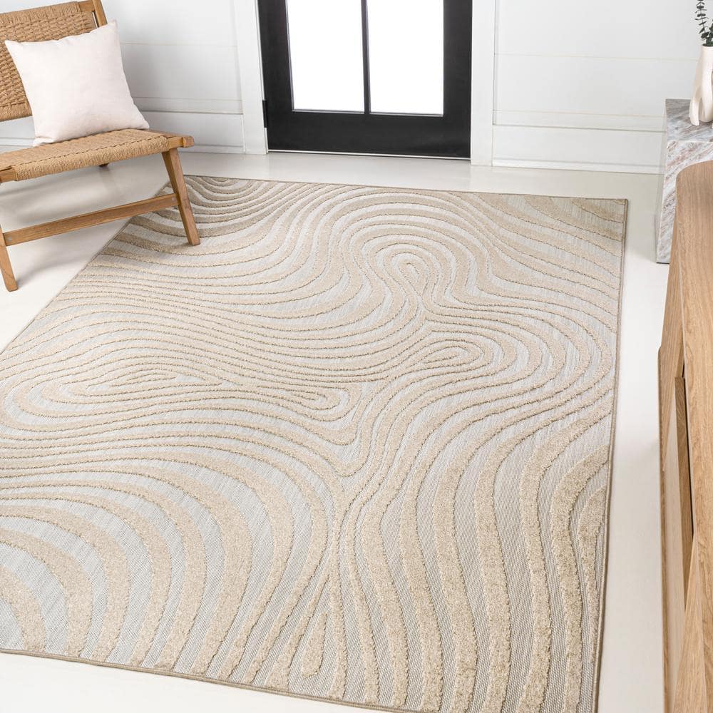 Beige and Cream High-Low Striped 3x5 Synthetic Area Rug
