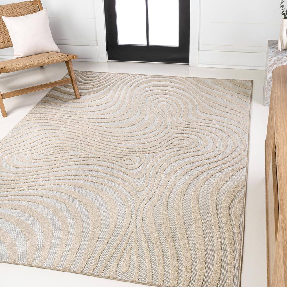 Beige and Cream High-Low Striped Rectangular Rug
