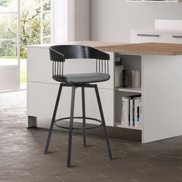 Athena Swivel 27 in. Black Metal/Wood Counter Stool with Grey Faux Leather Seat