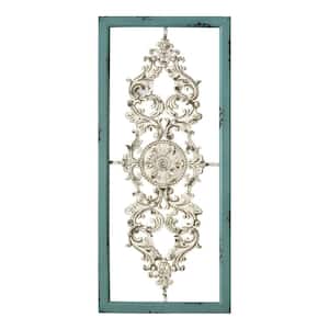 Distressed White & Turquoise Framed Scroll Metal Panel