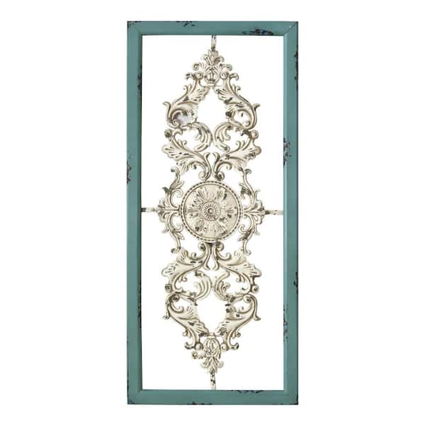 HomeRoots Distressed White & Turquoise Framed Scroll Metal Panel