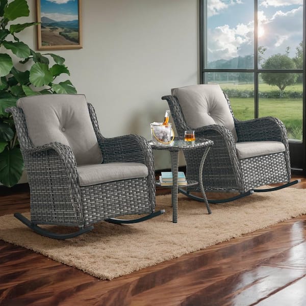 Pocassy Outdoor Gray Wicker Outdoor Rocking Chair with CushionGuard Gray Cushions Patio (Set 2-Pack)