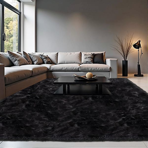 Black 9 ft. x 12 ft. Large Area Rug Fluffy Fuzzy Faux Fur Rug Sheepskin Area Rug