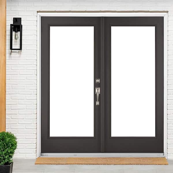 72 in. x 80 in. Black Left-Hand Inswing Fiberglass Full Lite LOE Glass Hinged Patio Door