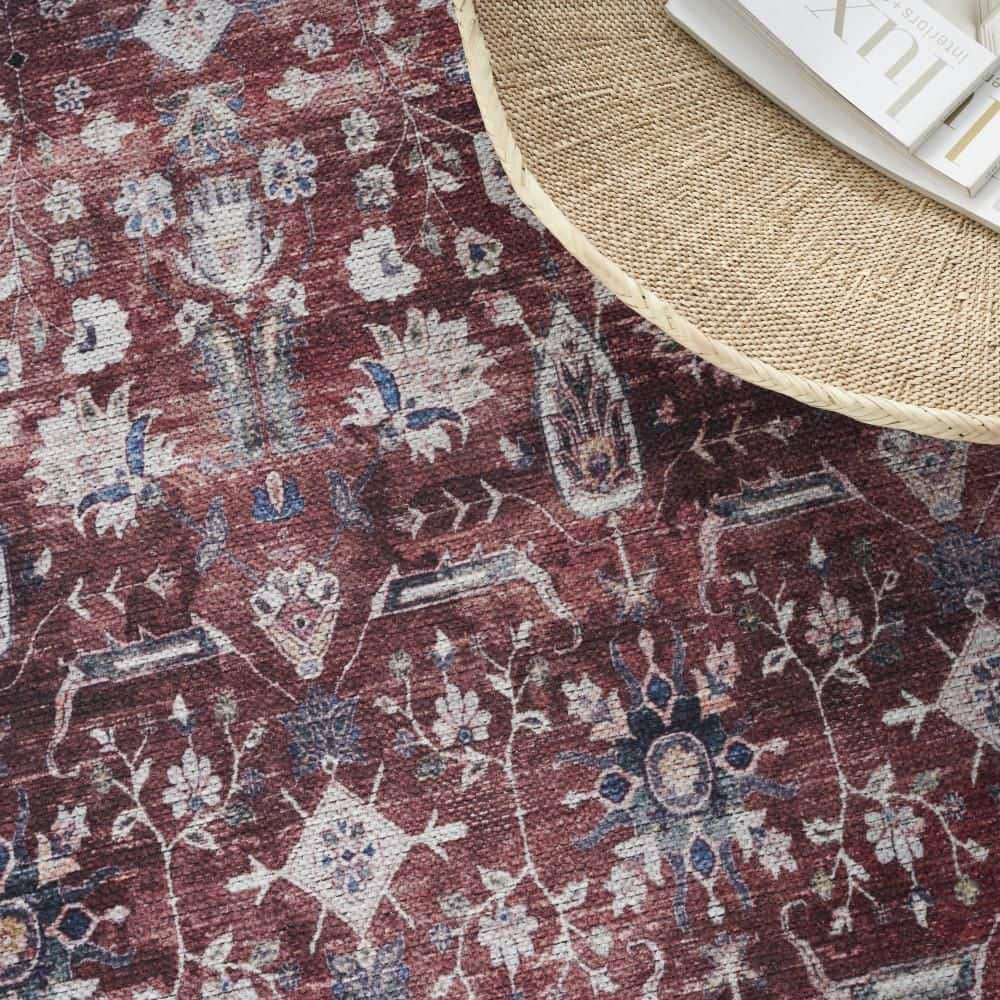 Brick and Ivory Floral Washable Synthetic 5' x 7' Rug