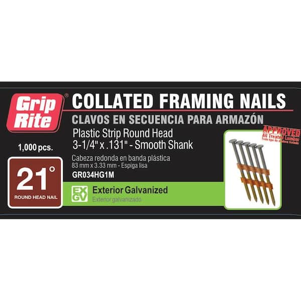 Grip-Rite 3.25 in. x 0.131 in 21° Hot Galvanized Plastic Collated Smooth Shank Round-Head Framing Nails (1000 per Box)
