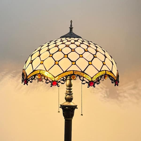 64 in. Tiffany Style Bronze Finish 2-Light Standard Floor Lamp with Multi-Colored Stained Glass Lamp Shade