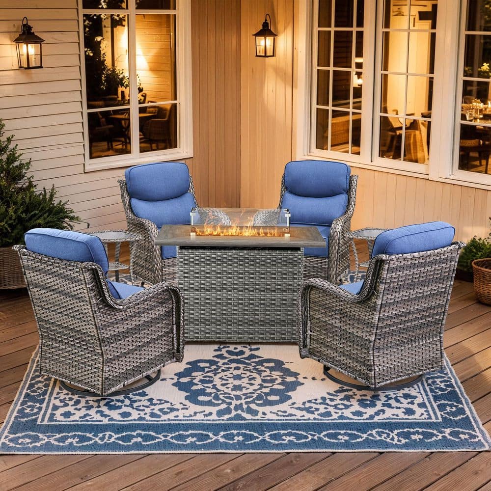 Holion 7-Piece Fire Pit Patio Set Gray Wicker Outdoor Conversation Sets with Swivel Rocking Chairs and Blue Cushions price history on PriceWatchPro