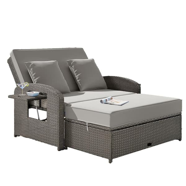 Unbranded PE Rattan Wicker Outdoor Double Chaise Lounge with Adjustable Back and Gray Cushions