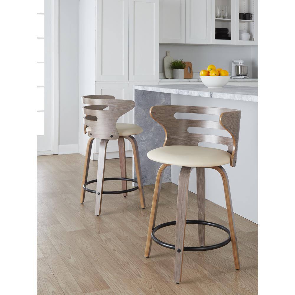 Cream and Light Gray Swivel Wood Counter Stool Set