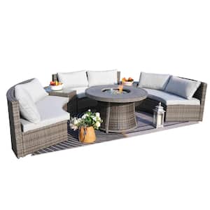 Ava Hart 6-Piece Wicker Patio Conversation Set with Fire Pit and Gray Cushions